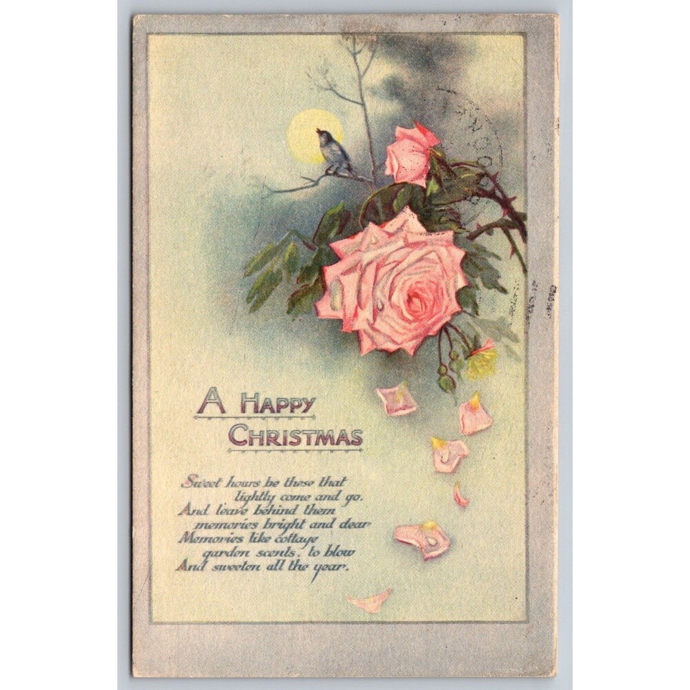 Vintage Raphael Tuck & Sons Christmas Postcard 1918 Pink Roses Bird C4060 WWI